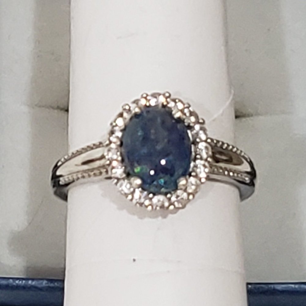 Boulder Opal & White Zircon Halo Ring in Platinum over 925 SS 1.85 cts sz 8 - Picture 4 of 6